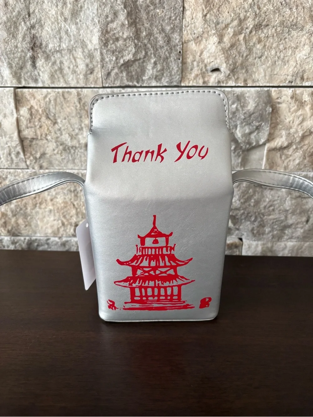 Silver Asian Take-Out Crossbody Purse Bag + Red Pagoda Print 